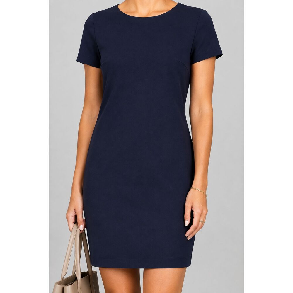 Lulus Women’s XS Navy Blue Shift Dress Short Sleeve Gold Back Zip Career Mini